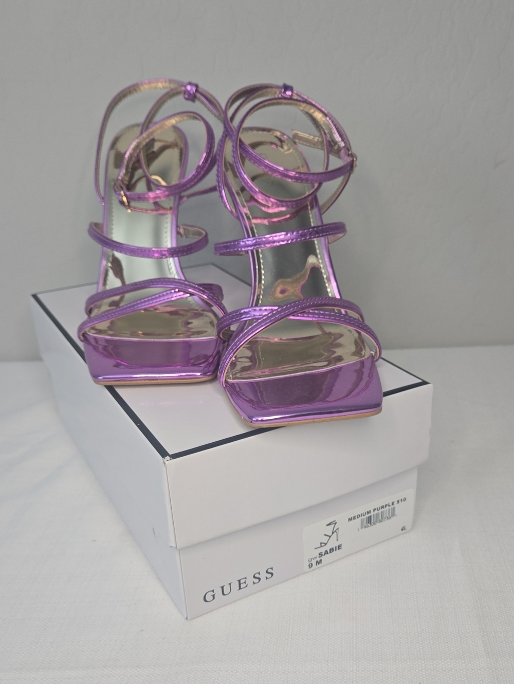 GUESS Metallic Purple Strappy High Heel Sandals